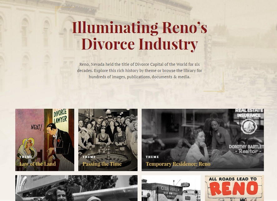 Showing the splash page of Illuminating Reno's Divorce Industry and several images of Theme categories