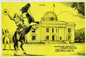 Vintage Postcard Showing a woman riding a horse in front of the Washoe County Courthouse.